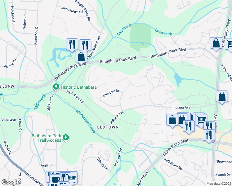 map of restaurants, bars, coffee shops, grocery stores, and more near 5722 Antietam Drive in Winston-Salem