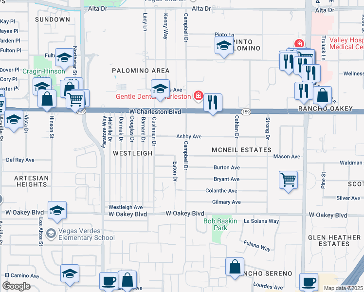 map of restaurants, bars, coffee shops, grocery stores, and more near 1234 Campbell Drive in Las Vegas