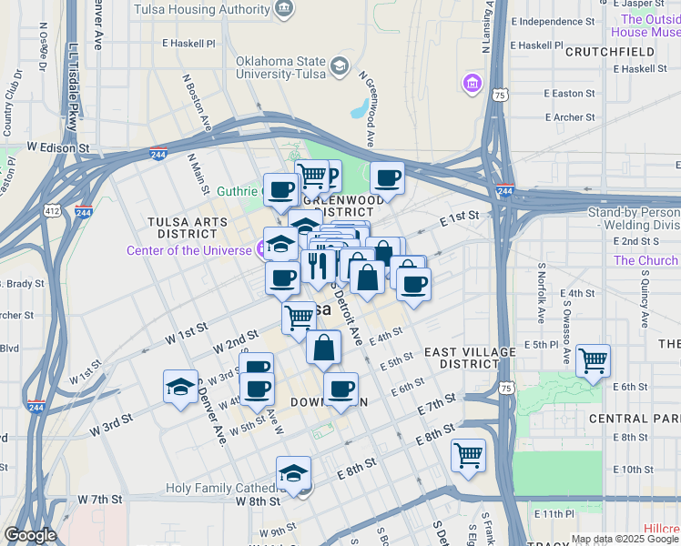 map of restaurants, bars, coffee shops, grocery stores, and more near 119 South Detroit Avenue in Tulsa