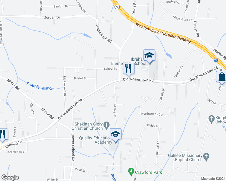 map of restaurants, bars, coffee shops, grocery stores, and more near 4670 Lasley Drive in Winston-Salem