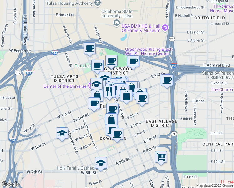 map of restaurants, bars, coffee shops, grocery stores, and more near 119 South Detroit Avenue in Tulsa