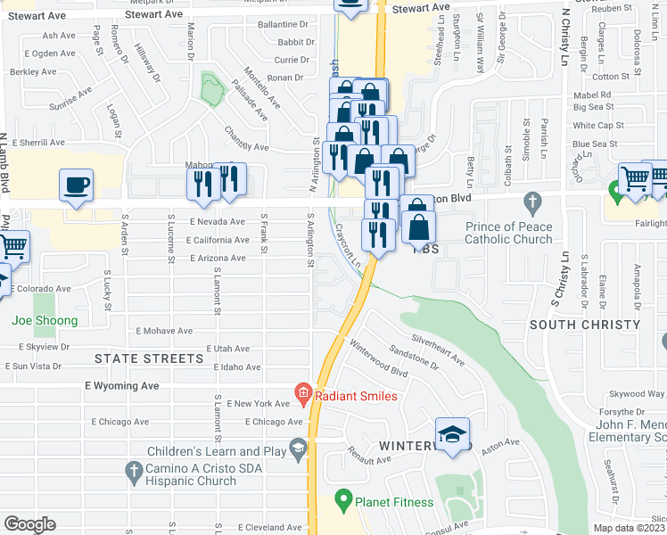 map of restaurants, bars, coffee shops, grocery stores, and more near 1300 South Arlington Street in Las Vegas