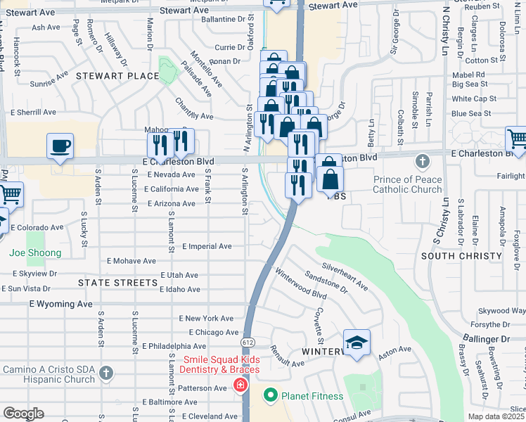 map of restaurants, bars, coffee shops, grocery stores, and more near 1300 South Arlington Street in Las Vegas
