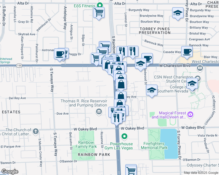 map of restaurants, bars, coffee shops, grocery stores, and more near 6960 Del Rey Avenue in Las Vegas
