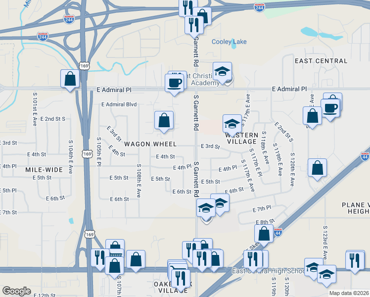 map of restaurants, bars, coffee shops, grocery stores, and more near 10972 East 3rd Street in Tulsa