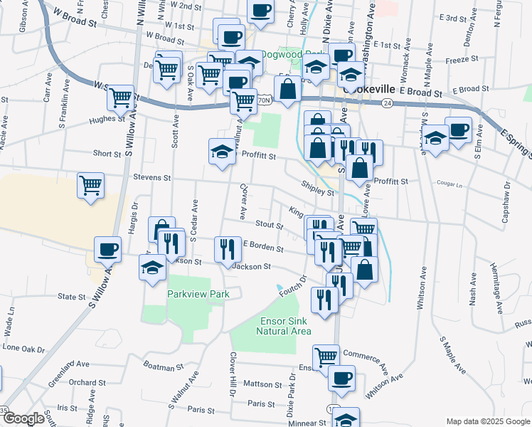 map of restaurants, bars, coffee shops, grocery stores, and more near 71 Wells Drive in Cookeville