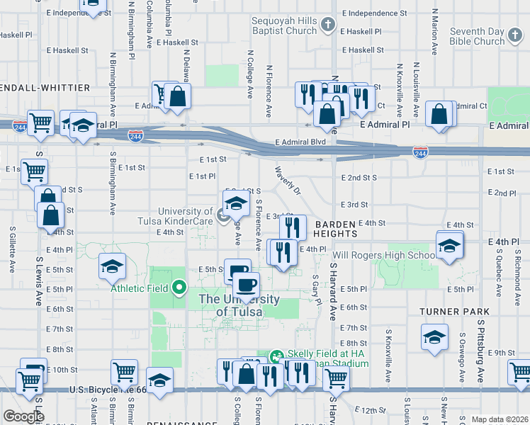 map of restaurants, bars, coffee shops, grocery stores, and more near 3107 East 3rd Street in Tulsa