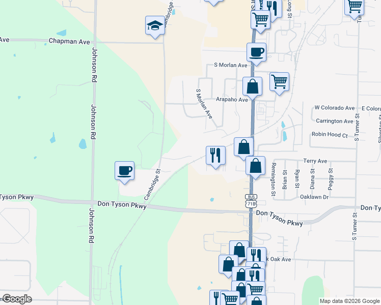 map of restaurants, bars, coffee shops, grocery stores, and more near 1675 Oxford Place in Springdale