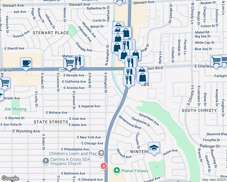 map of restaurants, bars, coffee shops, grocery stores, and more near 1405 South Nellis Boulevard in Las Vegas