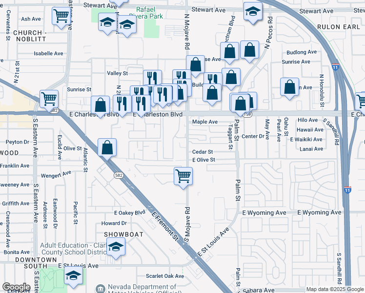 map of restaurants, bars, coffee shops, grocery stores, and more near 1315 South Mojave Road in Las Vegas