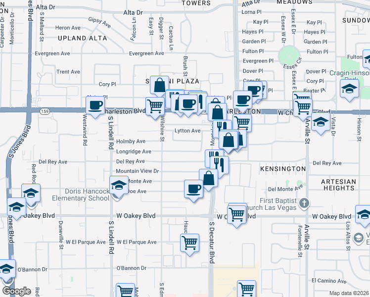 map of restaurants, bars, coffee shops, grocery stores, and more near 5201 Longridge Avenue in Las Vegas