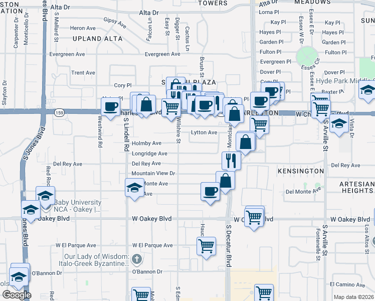 map of restaurants, bars, coffee shops, grocery stores, and more near 5225 Longridge Avenue in Las Vegas