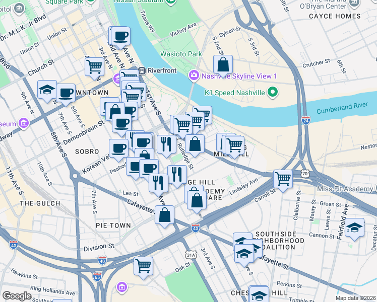 map of restaurants, bars, coffee shops, grocery stores, and more near in Nashville
