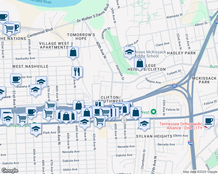 map of restaurants, bars, coffee shops, grocery stores, and more near 613 40th Avenue North in Nashville