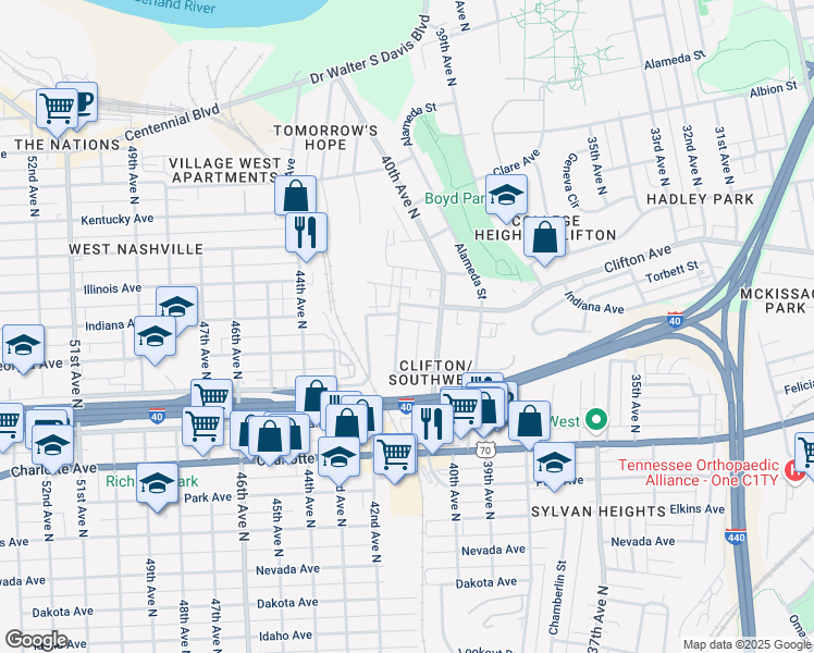 map of restaurants, bars, coffee shops, grocery stores, and more near 613 40th Avenue North in Nashville