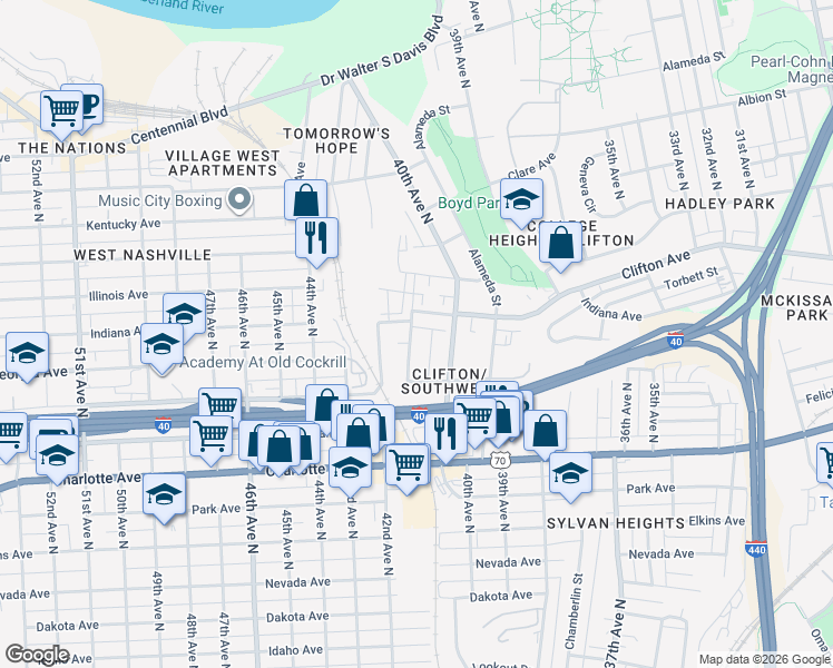 map of restaurants, bars, coffee shops, grocery stores, and more near 623 41st Avenue North in Nashville