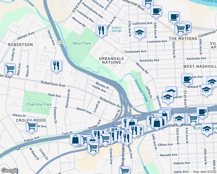 map of restaurants, bars, coffee shops, grocery stores, and more near 5810 Leslie Avenue in Nashville