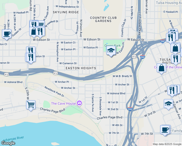 map of restaurants, bars, coffee shops, grocery stores, and more near 201 North Santa Fe Avenue in Tulsa