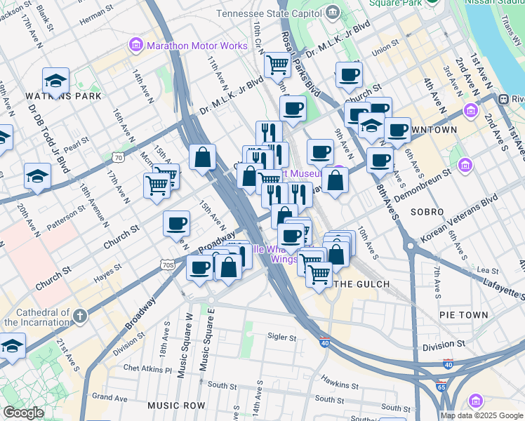 map of restaurants, bars, coffee shops, grocery stores, and more near 1200 Broadway in Nashville