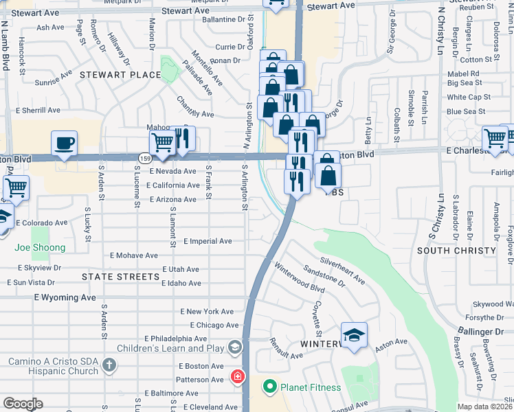 map of restaurants, bars, coffee shops, grocery stores, and more near 1300 South Arlington Street in Las Vegas