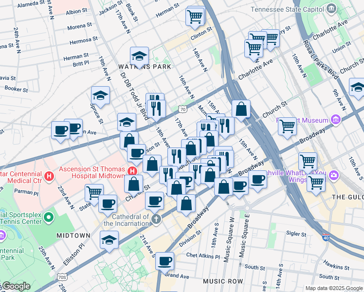 map of restaurants, bars, coffee shops, grocery stores, and more near 1713 State Street in Nashville