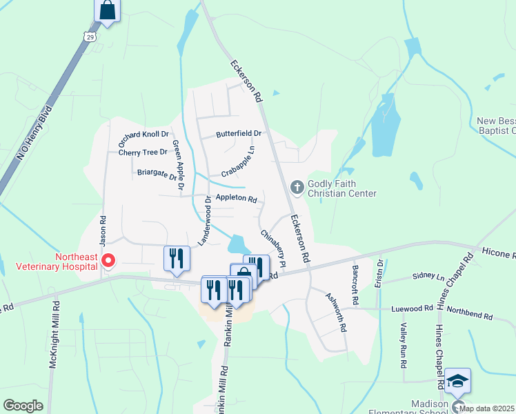 map of restaurants, bars, coffee shops, grocery stores, and more near 4122 Appleton Road in Greensboro
