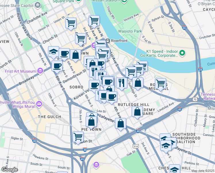 map of restaurants, bars, coffee shops, grocery stores, and more near 379 Peabody Street in Nashville