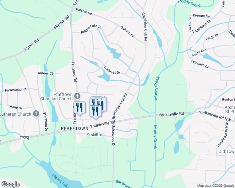 map of restaurants, bars, coffee shops, grocery stores, and more near 4505 Peter Pfaff Road in Pfafftown