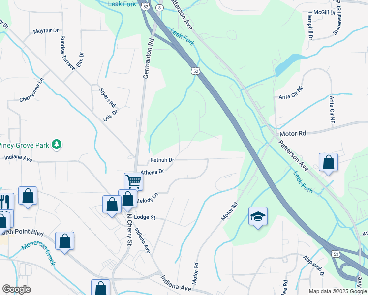 map of restaurants, bars, coffee shops, grocery stores, and more near 220 Athens Drive in Winston-Salem