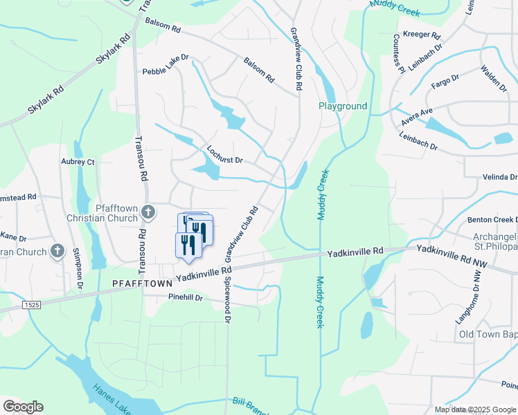 map of restaurants, bars, coffee shops, grocery stores, and more near 3267 Grandview Club Road in Pfafftown