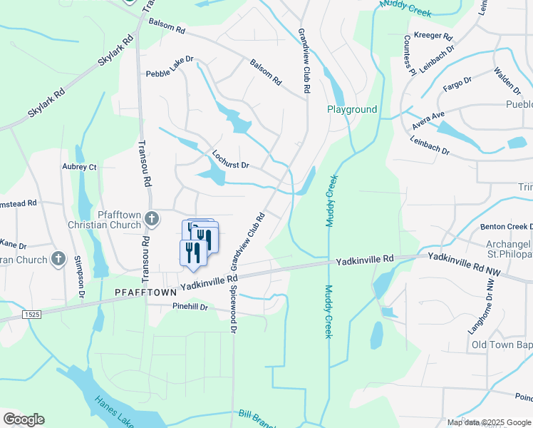map of restaurants, bars, coffee shops, grocery stores, and more near 3267 Grandview Club Road in Pfafftown