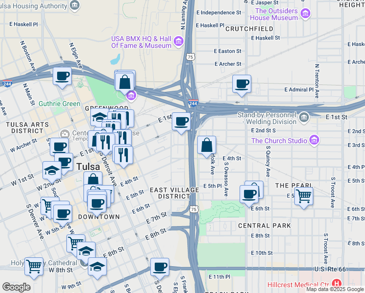 map of restaurants, bars, coffee shops, grocery stores, and more near in Tulsa