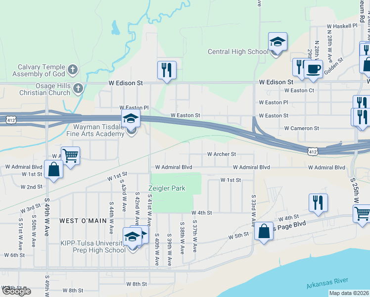 map of restaurants, bars, coffee shops, grocery stores, and more near 3716 West Archer Street in Tulsa