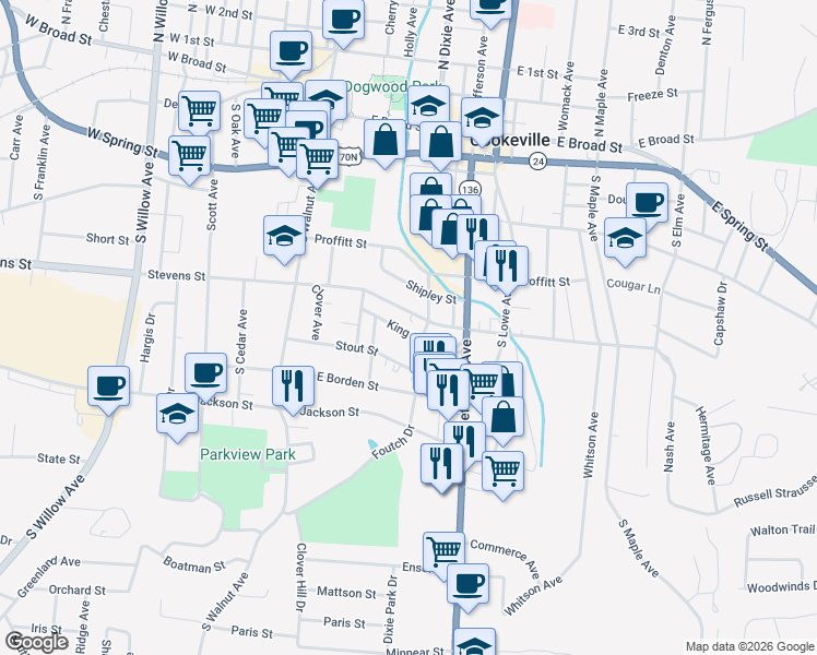map of restaurants, bars, coffee shops, grocery stores, and more near 159 King Street in Cookeville