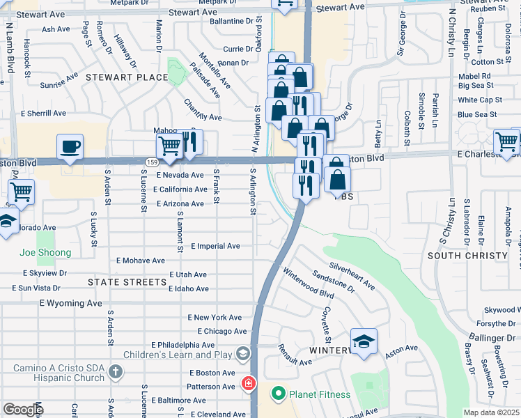 map of restaurants, bars, coffee shops, grocery stores, and more near 1300 South Arlington Street in Las Vegas