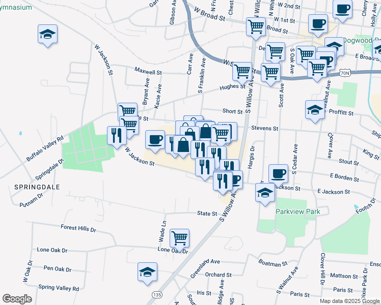 map of restaurants, bars, coffee shops, grocery stores, and more near 377 West Jackson Street in Cookeville