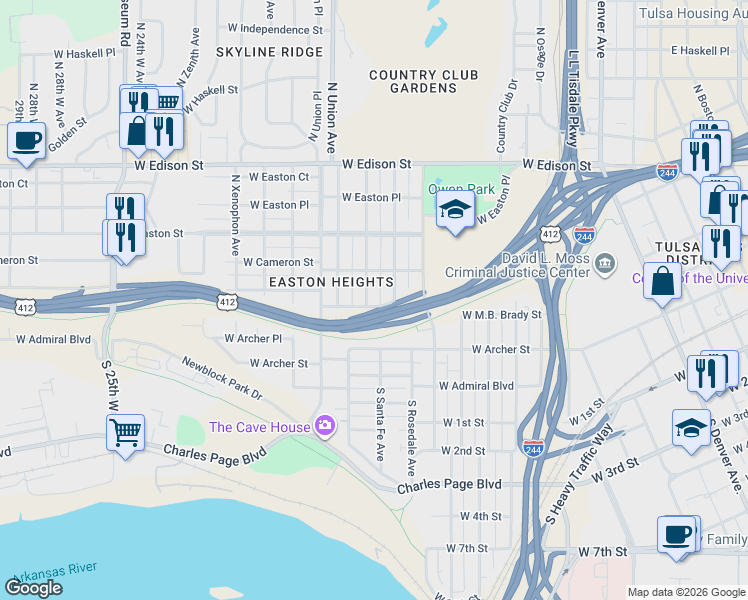 map of restaurants, bars, coffee shops, grocery stores, and more near 201 North Santa Fe Avenue in Tulsa