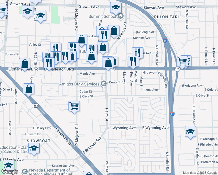 map of restaurants, bars, coffee shops, grocery stores, and more near 1146 Palm Street in Las Vegas