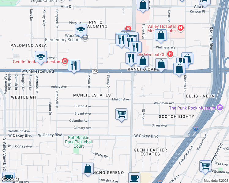 map of restaurants, bars, coffee shops, grocery stores, and more near 1225 Strong Drive in Las Vegas