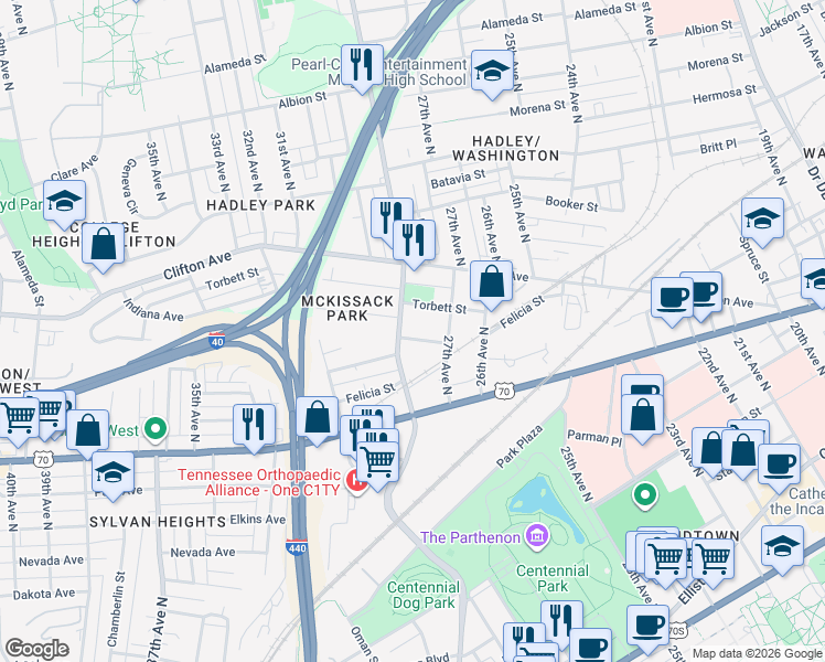 map of restaurants, bars, coffee shops, grocery stores, and more near 2721 Delaware Avenue in Nashville