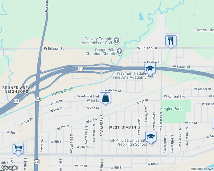 map of restaurants, bars, coffee shops, grocery stores, and more near 16 North 48th West Avenue in Tulsa