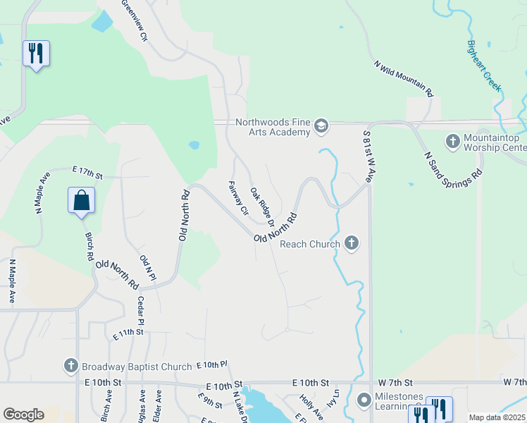 map of restaurants, bars, coffee shops, grocery stores, and more near 200 Oak Ridge Drive in Sand Springs