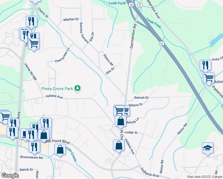 map of restaurants, bars, coffee shops, grocery stores, and more near 4758 Cherry Street in Winston-Salem