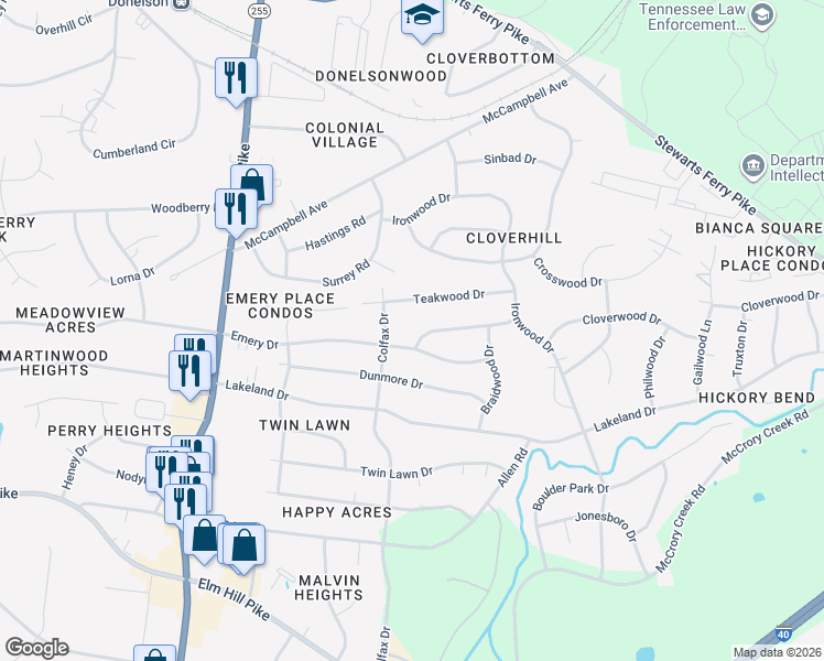 map of restaurants, bars, coffee shops, grocery stores, and more near 2903 Emery Drive in Nashville
