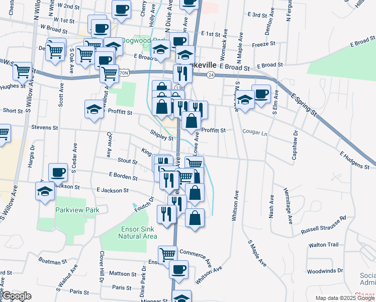 map of restaurants, bars, coffee shops, grocery stores, and more near 320 East Stevens Street in Cookeville