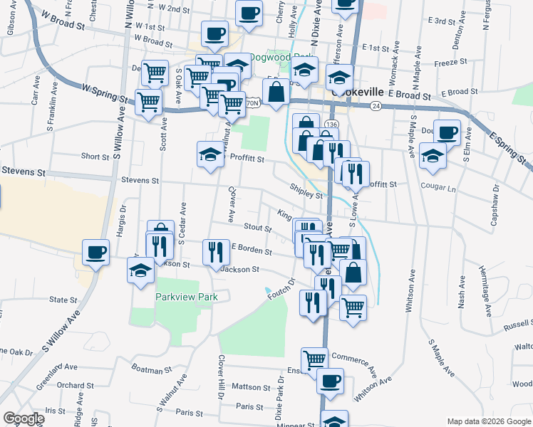 map of restaurants, bars, coffee shops, grocery stores, and more near 333 Highland Avenue in Cookeville