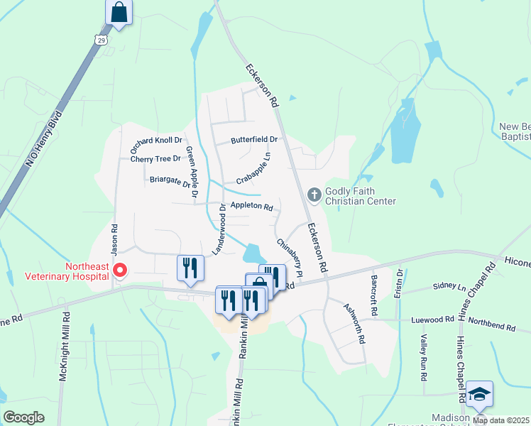 map of restaurants, bars, coffee shops, grocery stores, and more near 4108 Sunbury Drive in Greensboro