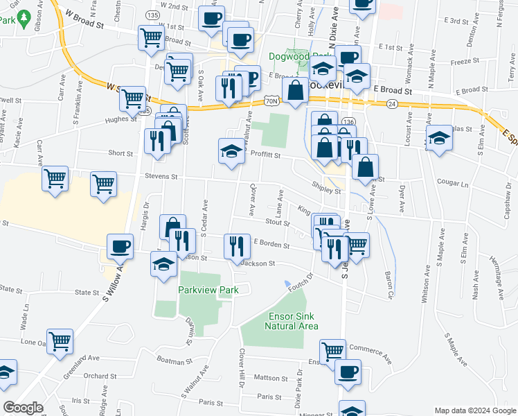 map of restaurants, bars, coffee shops, grocery stores, and more near 344 Clover Avenue in Cookeville