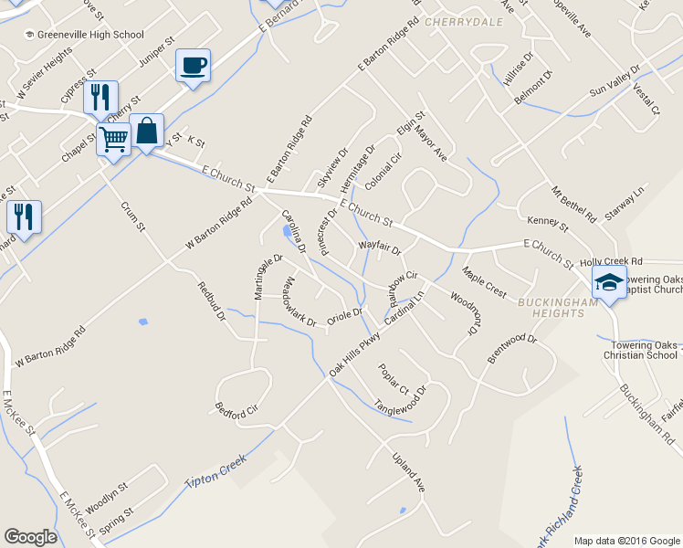 map of restaurants, bars, coffee shops, grocery stores, and more near 220 Pinecrest Drive in Greeneville