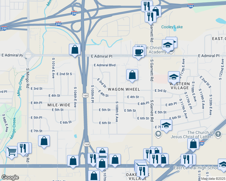 map of restaurants, bars, coffee shops, grocery stores, and more near 403 South 108th East Avenue in Tulsa